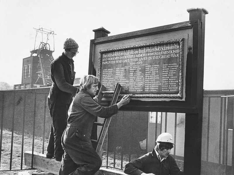 David Smallhouse, Reg Sockett and Ian Finch carefully renovate the war memorial at Littleton Colliery, Huntington, near Cannock, in November 1975. With the colliery's pit headgear rising behind them, the men were making sure the memorial was ready for Remembrance Day and for the names of those commemorated there to be honoured. Do you remember the memorial at Littleton Colliery, or the pit as it once stood?