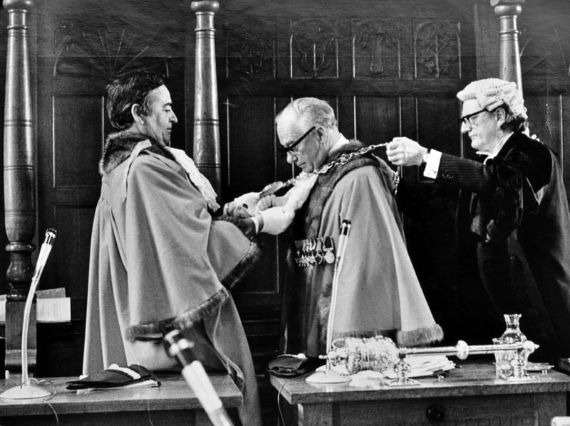 Councillor Bernard Lingen bows his head to receive the mayoral chain of office on May 18, 1979, officially installed as the new mayor of Shrewsbury and Atcham by retiring mayor Councillor George Marston and chief executive Leslie Beesley during a historic ceremony inside the castle walls. Do you remember supporting the landmark Cobalt Unit Fund spearheaded by Councillor Lingen to bring vital medical equipment to Shropshire? Did you ever attend an official civic event or mayor-making ceremony inside Shrewsbury Castle during those years?