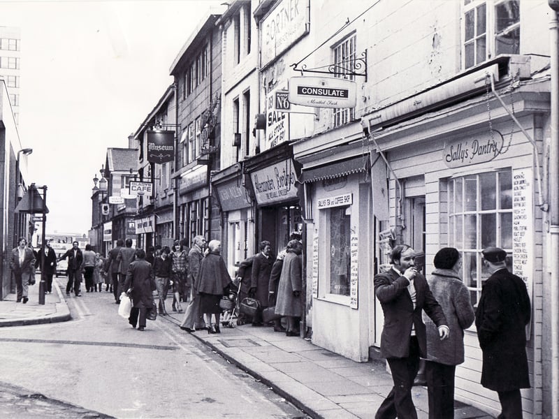 Orchard Street, Sheffield, in March 1980, showing businesses including the Museum pub, Berni Steak Bar
Sally's Pantry, and Gladys Cafe