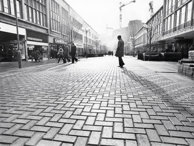 The Moor, Sheffield city centre, in 1980, with shops including Stuarts, Rumbelows and Cantors