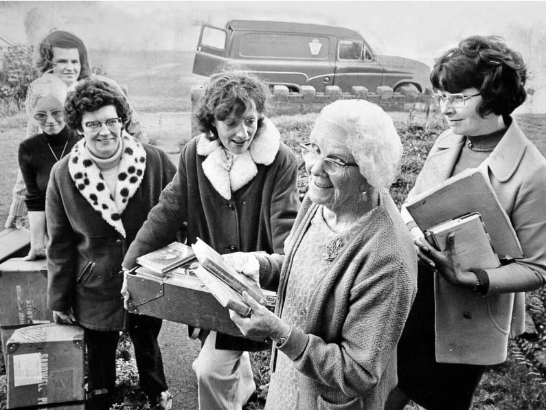 Sandwell WRVS's new 'book on wheels' service delivered its first books to a West Bromwich customer on November 6, 1975. Mrs Lilian Jones, 81, of Thursfield Road, chose an historical novel and a thriller from the cases brought by volunteers. Mrs Jones, front, is pictured with Mrs Maureen Hinton, who helped organise the service, and Mrs Gwen Lenton, Mrs Doreen Rolfe, Mrs Sandra James and Mrs Janet Cosnett. Do you remember the WRVS book service, or borrowing books from a mobile library?