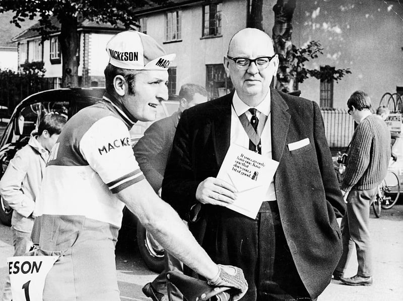 Wolverhampton's own world champion cyclist Hugh Porter chats with Mayor Stanley Tatem before setting off on an grueling 235-mile road race in 1969. Clad in his Mackeson-sponsored cycling kit, the legendary local athlete prepares for the long-distance challenge as the civic leader sees him off. Porter, who brought tremendous sporting pride to the town throughout his illustrious career, remains one of the finest track and road cycling figures to hail from the Black Country. Do you remember watching Hugh Porter compete or following his world championship triumphs during the 1960s and 1970s?