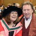 Dolores Keane, after was conferred with the Honorary Degree of Doctor of Music at University of Galway in 2024, pictured with Frankie Gavin after the conferring ceremony.