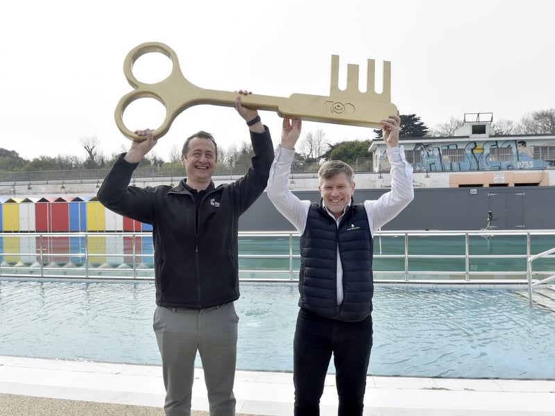 On Monday, March 23, 2026, Portsmouth City Council marked the completion of the multi-million-pound redevelopment of Hilsea Lido by officially handing the site over to its new operators.

Pictured is: (l-r) Harry Smith, director of Sea Lanes. and Duncan Anderson, South Downs Leisure chief executive.


Picture: Sarah Standing (230326-7492)