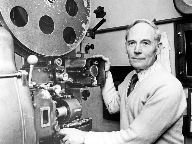 Derek Goodison in the projection room at the Gaumont Cinema, Barker's Pool, Sheffield, in November 1985