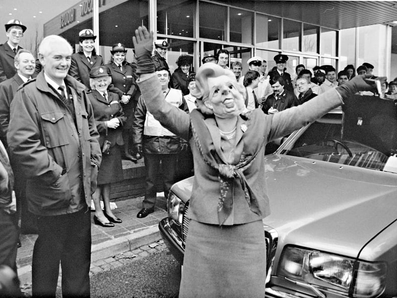 November 1989: '"Margaret Thatcher" greets the ambulance crews at the West Midlands Ambulance headquarters in Dudley.... "Maggie", an ambulance controller, pictured dressed in a joke shop Spitting Image-style mask, arrived by Mercedes at the headquarters to stand in for the Duke of Kent, who was due to open the showpiece control but called off his visit because of the 11-week old dispute.'