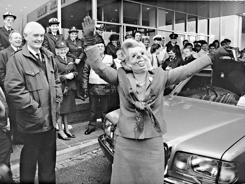 An ambulance controller dressed in a Spitting Image-style Margaret Thatcher mask greets crews at the West Midlands Ambulance headquarters in Dudley in November 1989. The joke-shop disguise was part of a light-hearted stand-in for the Duke of Kent, who had been due to open the new control centre but cancelled his visit during an 11-week dispute. Do you remember the ambulance dispute of 1989, or this unusual protest?
