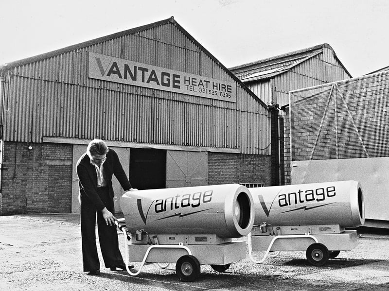 Colin Wood manoeuvres heavy-duty portable industrial blow heaters across the yard at the newly opened Vantage Heat Hire premises in West Bromwich in December 1976. As winter set in across the region's busy industrial estates, mobile heating units like these trailer-mounted cannons were in hot demand to keep sprawling factories, workshops, and building sites warm through the freezing conditions. Did your workplace ever rely on Vantage heaters to keep the chill off the shop floor during cold Midlands winters in the 1970s?