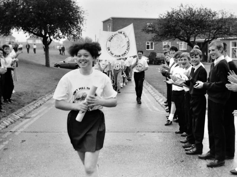 John Hunt School may have disappeared into the history books, but many former pupils will remember the spirited campaign to save it. This photograph from June 1992 shows Nicola Stevens leading a relay to Shrewsbury with a petition. What memories do you have of your time at the school?