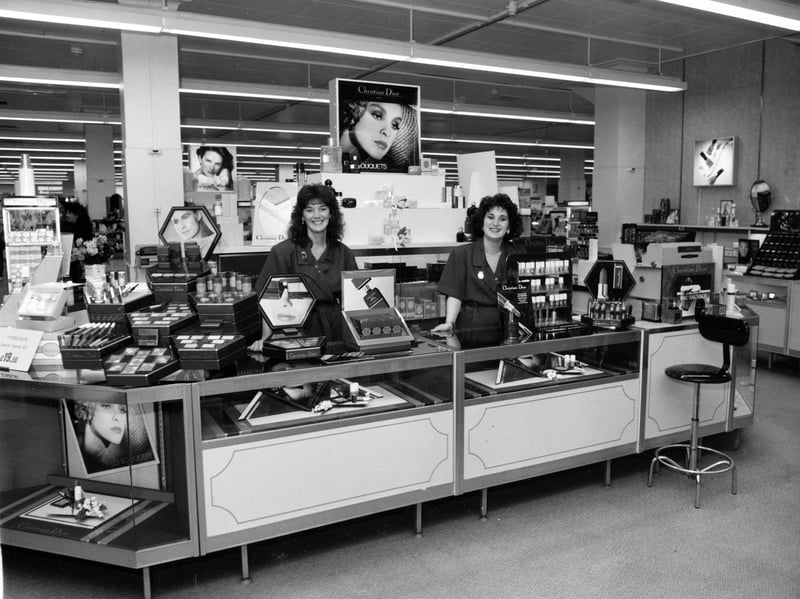 Staff in the cosmetics and perfume department of Schofields, Leeds, in May 1988