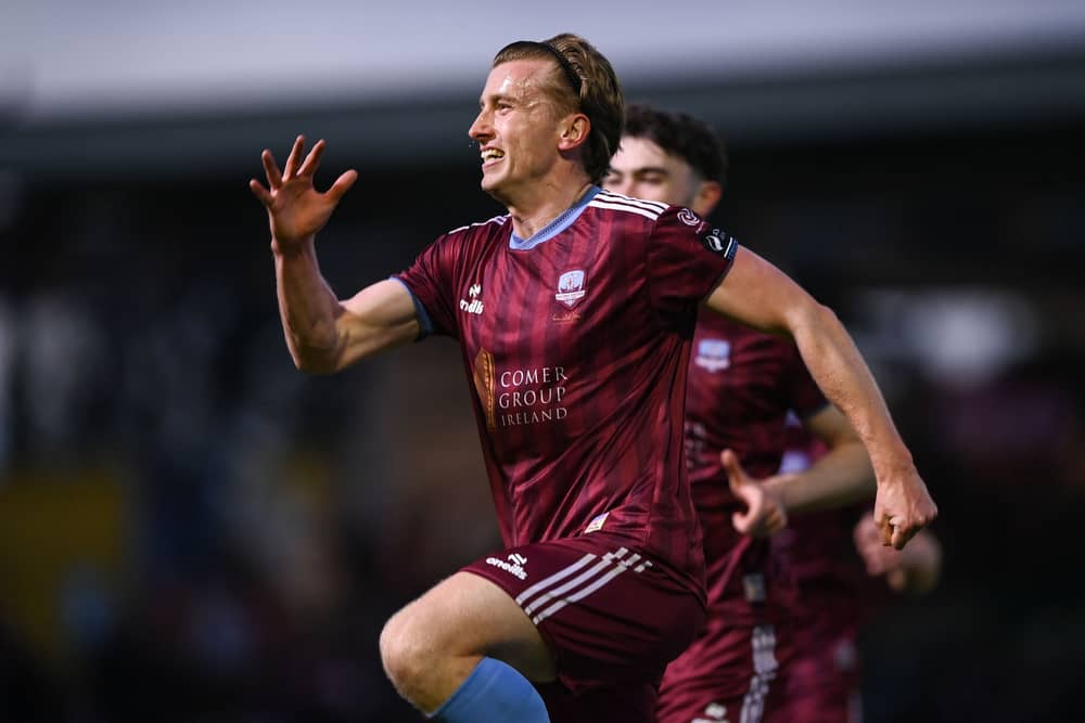 David Hurley of Galway United celebrates after scoring his side's first goal during the SSE Airtricity Men's Premier Division match between Galway United and Derry City at Eamonn Deacy Park.