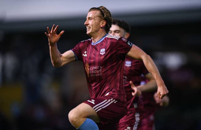 David Hurley of Galway United celebrates after scoring his side's first goal during the SSE Airtricity Men's Premier Division match between Galway United and Derry City at Eamonn Deacy Park.