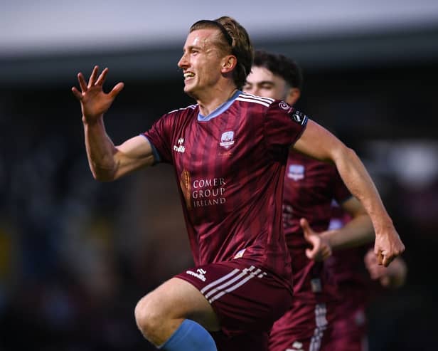 David Hurley of Galway United celebrates after scoring his side's first goal during the SSE Airtricity Men's Premier Division match between Galway United and Derry City at Eamonn Deacy Park.