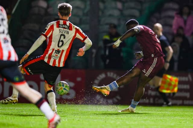 Frantz Pierrot fires home United’s second goal.