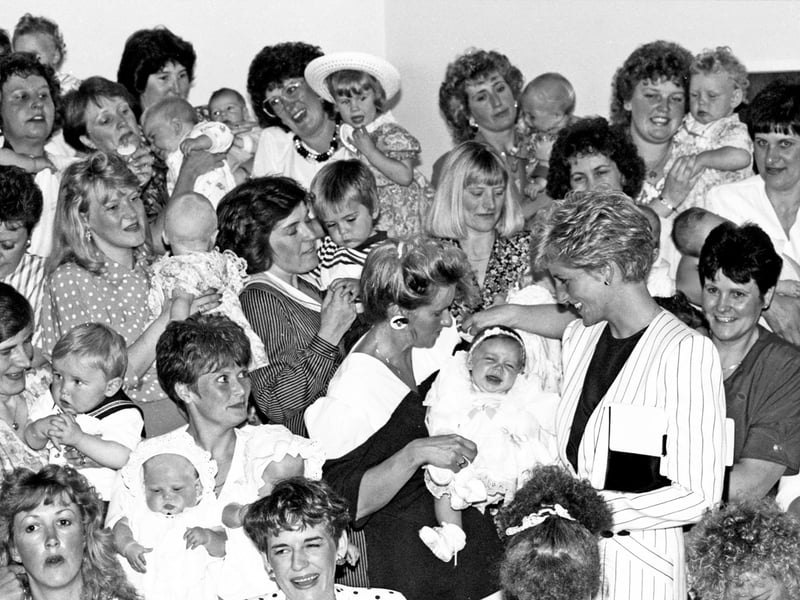 Princess Diana meets a group of happy mums and their babies at the Jessop Hospital, Sheffield, in July 1991