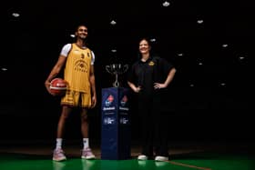 Titans' senior men's US star,  Umar Rachid, pictured with head coach Erin Bracken at the National Basketball Arena this week ahead of Saturday's Domino's Men's Division One final against Limerick Sport Eagles.