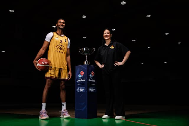 Titans' senior men's US star, Umar Rachid, pictured with head coach Erin Bracken at the National Basketball Arena this week ahead of Saturday's Domino's Men's Division One final against Limerick Sport Eagles.
