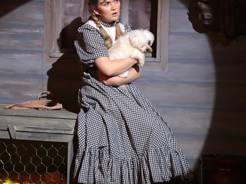Caption: Andrea Crowe as Dorothy, with Toto in 'The Wizard of Oz'
