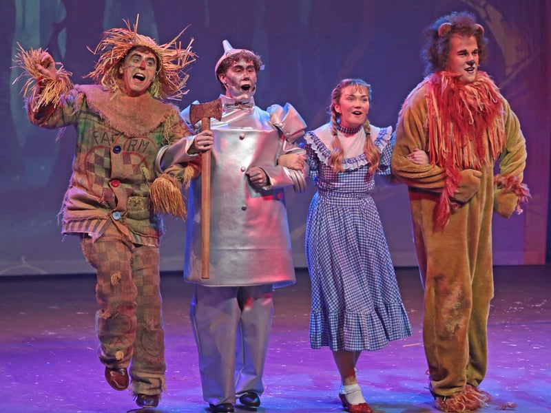 Caption: Jake Reilly (Tinman), Oisin O’Reilly (Scarecrow), Aonghus O’Muirí (The Lion) and Andrea Crowe (Dorothy) in the superb St Mel’s Musical Society production of The Wizard of Oz in St Mel’s College