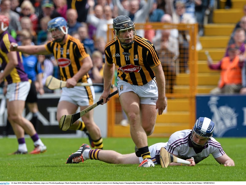 21 June 2015; Richie Hogan, Kilkenny, steps over Wexford goalkeeper Mark Fanning after scoring his side's first goal. Leinster GAA Hurling Senior Championship, Semi-Final, Kilkenny v Wexford, Nowlan Park, Kilkenny