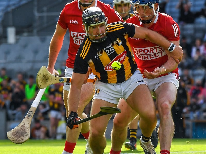 8 August 2021; Richie Hogan of Kilkenny is tackled by Niall O'Leary, right, Seán O'Donoghue and Declan Dalton of Cork, left, during the GAA Hurling All-Ireland Senior Championship semi-final match between Kilkenny and Cork at Croke Park in Dublin