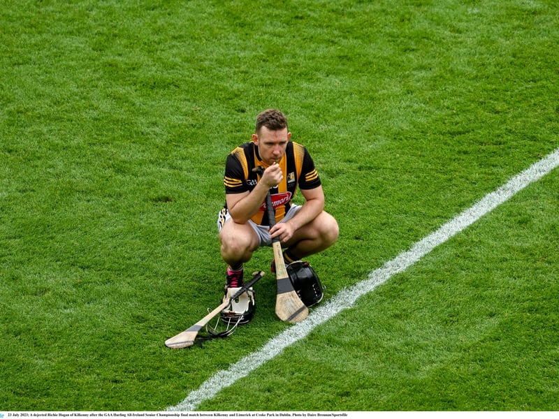 23 July 2023; A dejected Richie Hogan of Kilkenny after the GAA Hurling All-Ireland Senior Championship final match between Kilkenny and Limerick at Croke Park in Dublin
