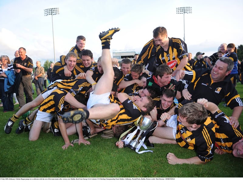 15 July 2009; Kilkenny's Richie Hogan jumps in to celebrate with the rest of his team-mates after victory over Dublin. Bord Gais Energy GAA Leinster U21 Hurling Championship Final