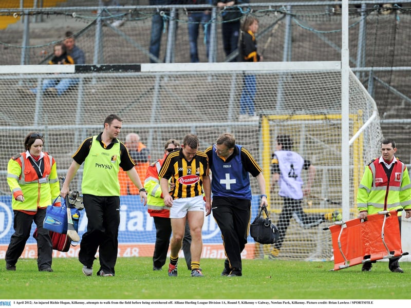 1 April 2012; An injured Richie Hogan, Kilkenny, attempts to walk from the field before being stretchered off. Allianz Hurling League Division 1A, Round 5, Kilkenny v Galway, Nowlan Park, Kilkenny