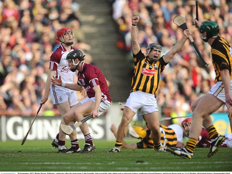 30 September 2012; Richie Hogan, Kilkenny, celebrates after his team-mate Colin Fennelly, had scored his side's third goal as dejected Galway goalkeeper Fergal Flannery and Kevin Hynes look on. GAA Hurling All-Ireland Senior Championship Final Replay, Kilkenny v Galway, Croke Park, Dublin
