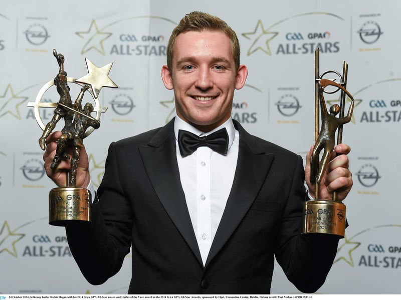 24 October 2014; Kilkenny hurler Richie Hogan with his 2014 GAA GPA All-Star award and Hurler of the Year award at the 2014 GAA GPA All-Star Awards