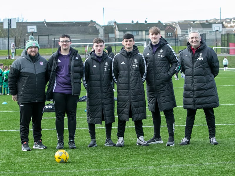 Mr. Gerry Beattie, Vice Principal, St. Joseph's Boys School (pictured on right) with some of the volunteer referees at the Sean O'Kane Memorial Cup on Saturday. (Photos: Jim McCafferty Photography)