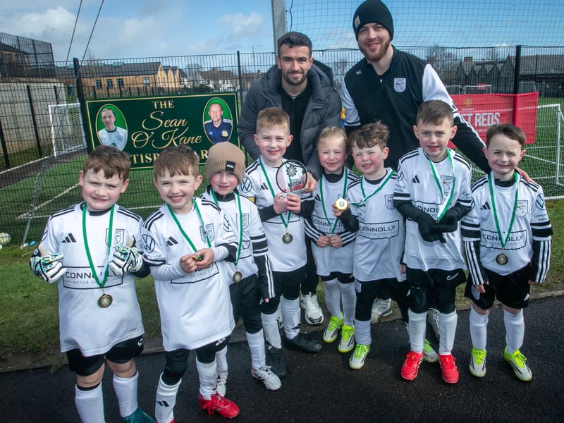 Derry City star Michael Duffy presenting the 2019s Vase to Letterkenny Colts at Saturday's Sean O'Kane Memorial Tournament in St. Joseph's Boys School.