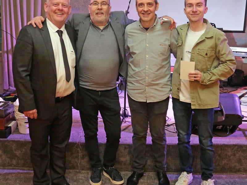 Caption: Colm Flaherty, Benny O'Brien, David Flaherty and Iarlaith O'Rourke were among the large attendance at the Longford Live & Local gig in memory of the legendary Paschal Flaherty and in aid of County Longford Hospice Homecare on Easter Monday, April 6 in the Longford Arms Hotel