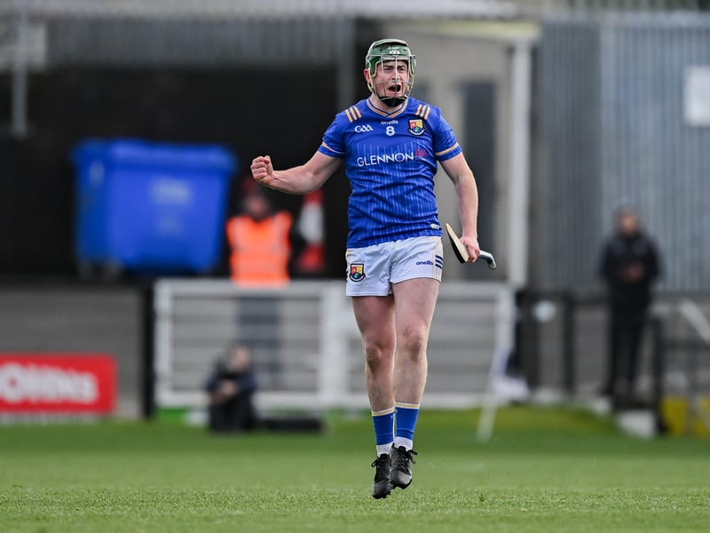 Caption: Rueben Murray of Longford celebrates after converting a free during the Allianz Hurling League Division 4 final match between Sligo and Longford at Markievicz Park in Sligo. Photo by Seb Daly/Sportsfile