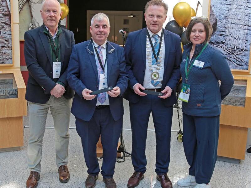 Caption: Tanya Ange, Outgoing President of the ICMA is pictured making a presentation to the Chief Executive of Longford County Council and Chair of The County and City Management Association, Paddy Mahon, Minister Kevin ‘Boxer’ Moran and Cathaoirleach of Longford County Council, Cllr Garry Murtagh at the Corlea Trackway Visitor Centre. Picture: Shelley Corcoran