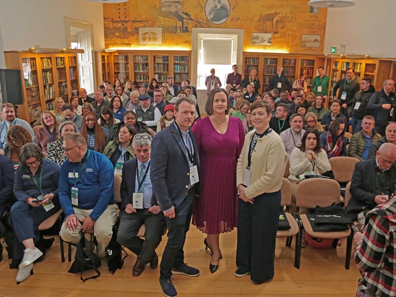 Caption: Gráinne Cornally, Head of EU Just Transition with Fáilte Ireland; Lisa Kealy, Programme Manager of the Public Good Project with Bord na Móna and Damien McKenna of Lough Sallagh Lodges, panellists at the discussion at Ballymahon Library as part of the ICMA delegation. Picture: Shelley Corcoran