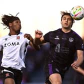 Gianfranco Facchineri of Galway United in action against Gbemi Arubi of Dundalk during the SSE Airtricity Men's Premier Division match between Dundalk and Galway United at Oriel Park. 