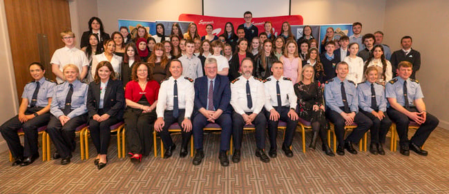 The Laois/Offaly Garda Youth Award recipients for 2026 with Annmaire Kelly, Superintendent Tony Tighe, Supermac's owner Pat McDonagh, Chief Superintendent Tony Lonergan, Garda Brian Farrell and Una Tuohy.