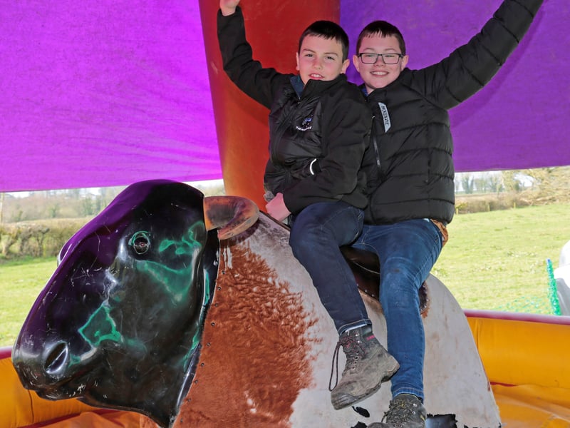 Caption: Conor and Mark Reilly having plenty of fun and showing incredible balance on the bronco ride at the 90th County Longford Ploughing Championships in Drinan, Ballymahon Picture: Shelley Corcoran
