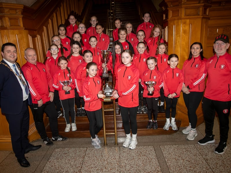 TRISTAR GIRLS FC RECEPTION. . . . The Mayor of Derry City and Strabane, Ruairi McHugh pictured with Tristar FC Girls team during a reception in the Guildhall on Thursday evening to mark the team's achievements in the 2025 season. Included are club chair Shaun Condren and coaches Carla Crossan and Mark Callaghan.