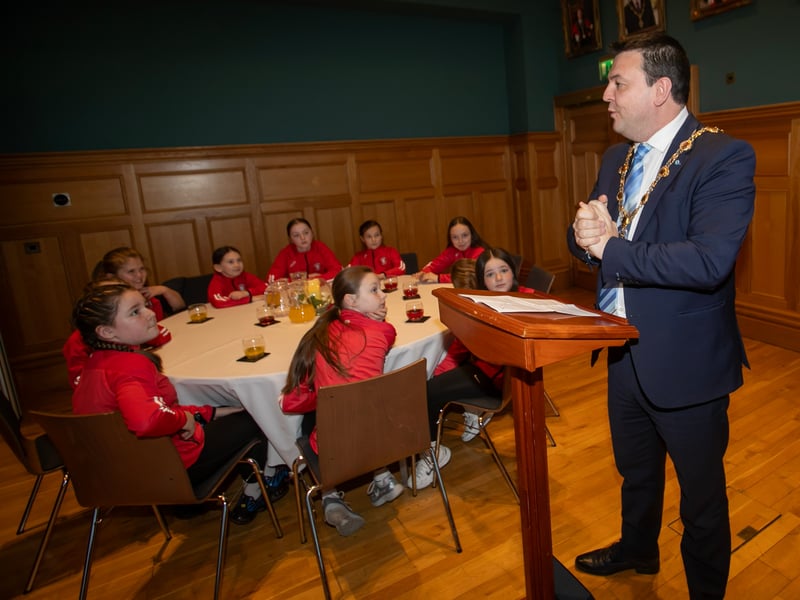 The Mayor, Ruairi McHugh addressing the attendance at the reception for Tristar FC at the Guildhall on Thursday evening.