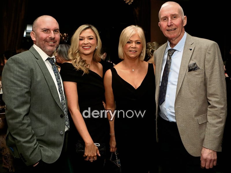 Thomas and Lorraine McNaught, with on left, Aaron and Ciara Callaghan at the Doire Trasna 25th anniversary dinner dance held in the City Hotel. (Photos - Tom Heaney, nwpresspics)
