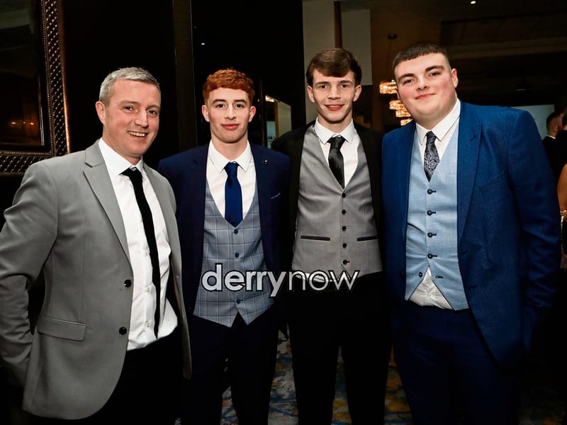Sean McNaught, Conor King-O'Donnell, Oran Connolly and Flynn Doherty at the Doire Trasna 25th anniversary dinner dance held in the City Hotel. (Photos - Tom Heaney, nwpresspics)