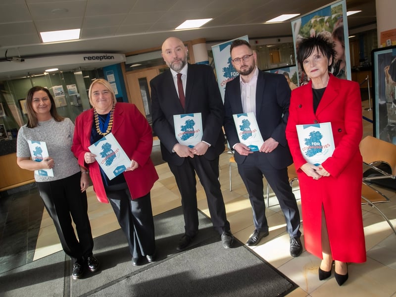 Group pictured at Derry Credit Union on Thursday afternoon last for the launch of the Irish League of Credit Unions 'First Community Impact Report for Credit Unions.' Included from left are Roisin O'Reilly, CEO, Waterside Credit Union, Delma Boggs, President, Derry Credit Union, Martin Fisher, Head of Northern Ireland, Irish League of Credit Unions, Frank Doherty, CEO, Pennyburn Credit Union, and Patricia Doherty, Vice President, Irish League of Credit Unions.(Photos: Jim McCafferty Photography)