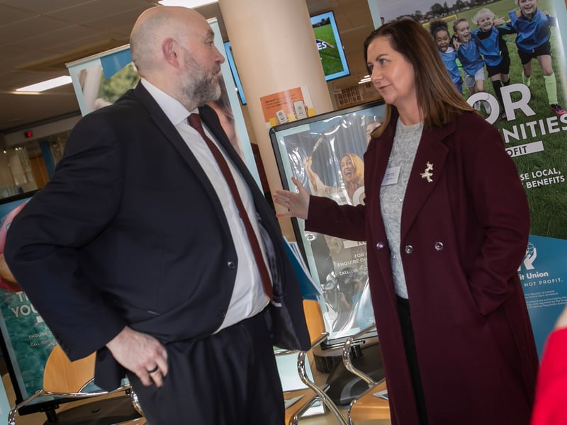 Roisin O'Reilly, CEO, Waterside Credit Union, in conversation with Martin Fisher, Head of Northern Ireland, Irish League of Credit Unions at Thursday's launch.