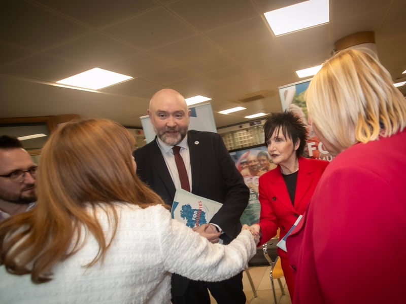 Minister for the Economy Dr. Caoimhe Archibald being introduced to Patricia Doherty, Vice President, Irish League of Credit Unions during Thursday's visit to Derry Credit Union.