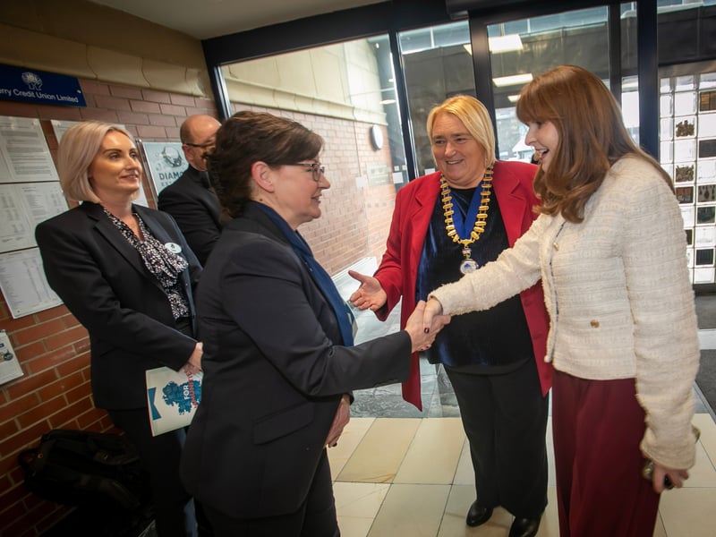 Minister for the Economy Dr. Caoimhe Archibald being introduced to Karen Doran, Finance Manager,, Derry Credit Union during Thursday's visit.
