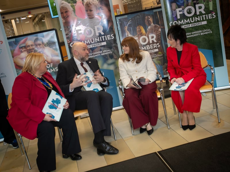 COMMUNITY IMPACT REPORT LAUNCH. . . . . .Martin Fisher, Head of Northern Ireland, Irish League of Credit Unions in conversation with Minister Dr. Caoimhe Archibald at Derry Credit Union on Thursday afternoon. Included are Delma Boggs, President, Derry Credit Union and Patricia Doherty, Vice President, Irish League of Credit Unions.