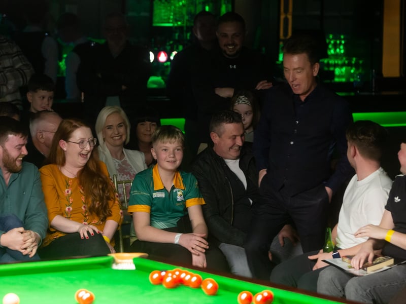 Ken Doherty has spectators laughing as he arrives for his exhibition match at the Bridge Hotel on Thursday night.