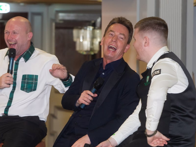 Ken Doherty tells a joke during the Q&A session alongside event promoter Neil Madigan (left) and player Aaron Hill before the exhibition match on Thursday night. 
